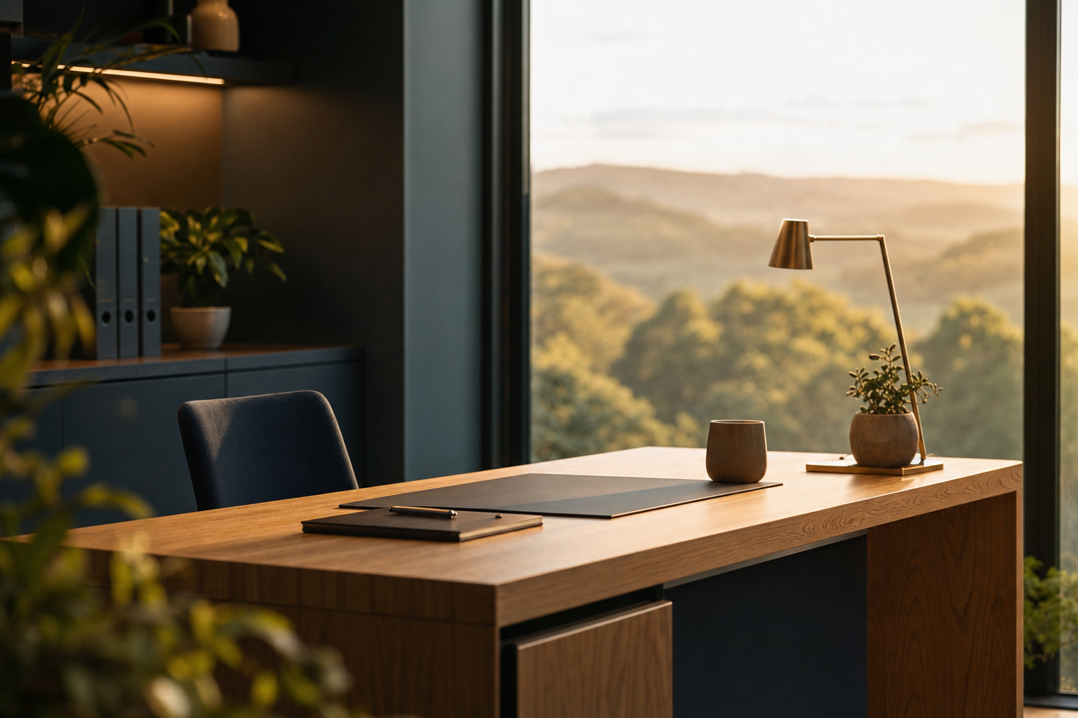 A calm, modern accounting office overlooking the Adelaide Hills at golden hour