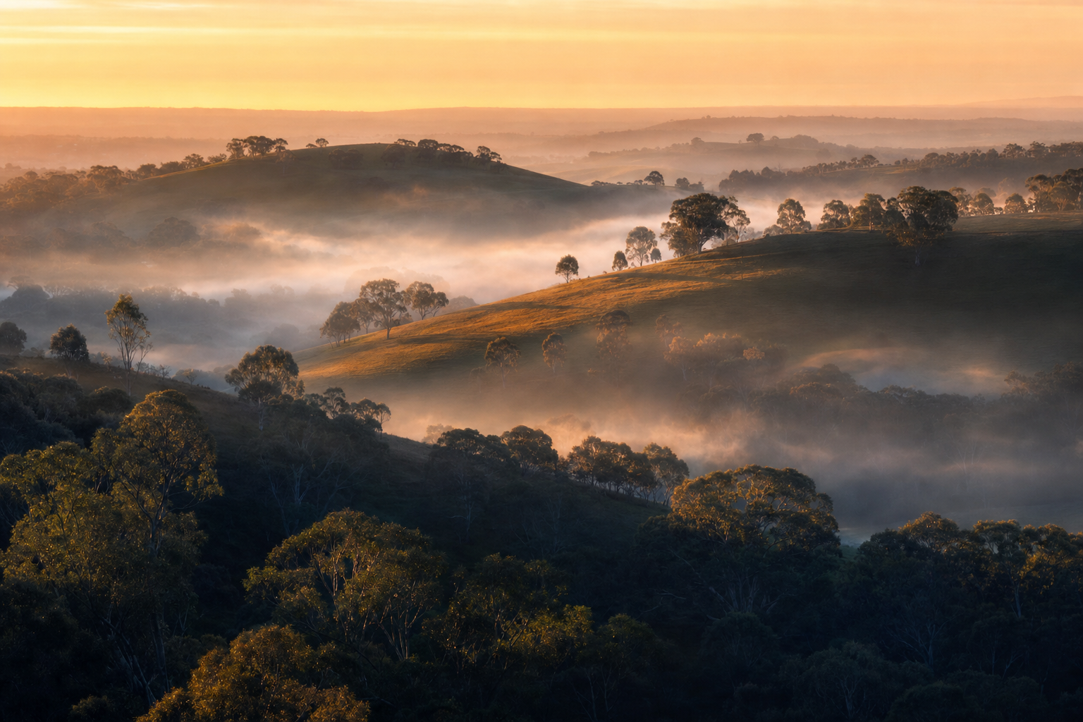 The Adelaide Hills at dawn near Eden Hills and Blackwood